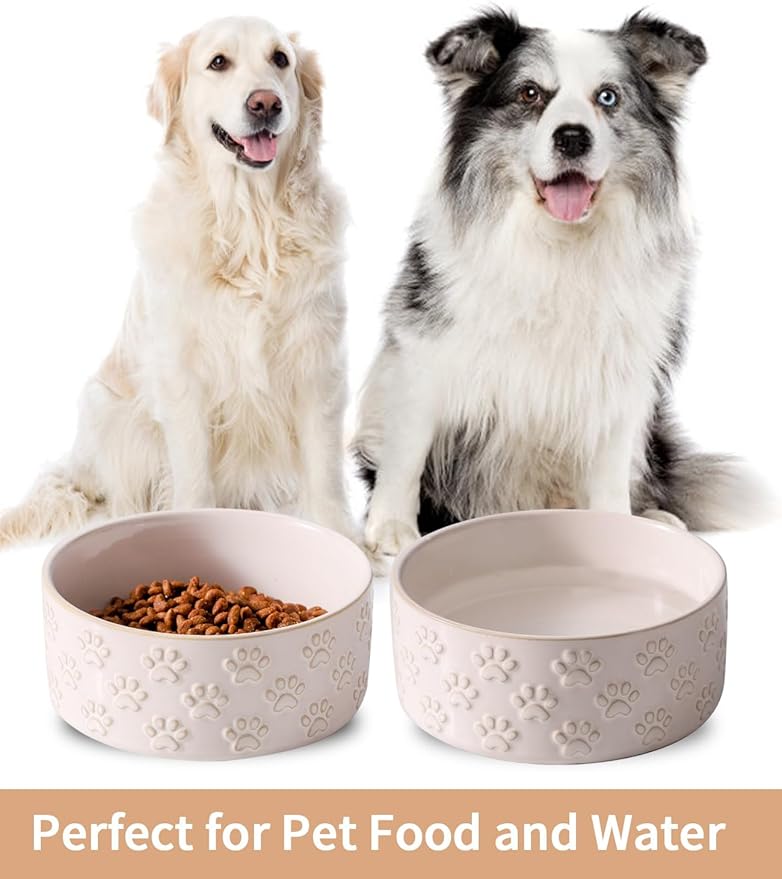 UBEE Ceramic Dog Bowl Set of 2, Dog Food Bowl Dish, Pet Food Water Dish Feeding for Small and Meidum Dogs and Large Cat, White, Paw Pattern, 6.1 in-Medium