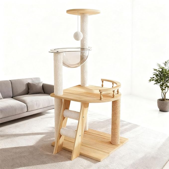 Modern Solid Wood Cat Tree Tower, 41.3" Multi-Level Cat Tower with Sisal Scratching Posts, Acrylic Hammock & Top Perch, Stable Cat Condo for Kittens, Adult & Large Cats