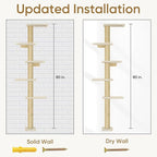 PAWSCRAT Wall-Mounted Cat Tree, 5 Tier Floor to Ceiling Cats Tower, 80 Inch Wall-Mounted Cat Scratching Post, Space Saving Cat Furniture and Easliy Climb for All Cats, Beige