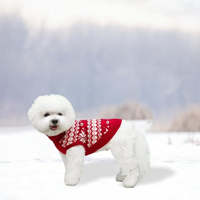 KOOLTAIL Cable Knit Small Dog Sweater Turtleneck, Cold Weather Pullover Classic Knitwear with Leash Hole, Snowflake Pattern Thick Warm Winter Pet Clothes, Medium Dog Christmas Sweater, Red S
