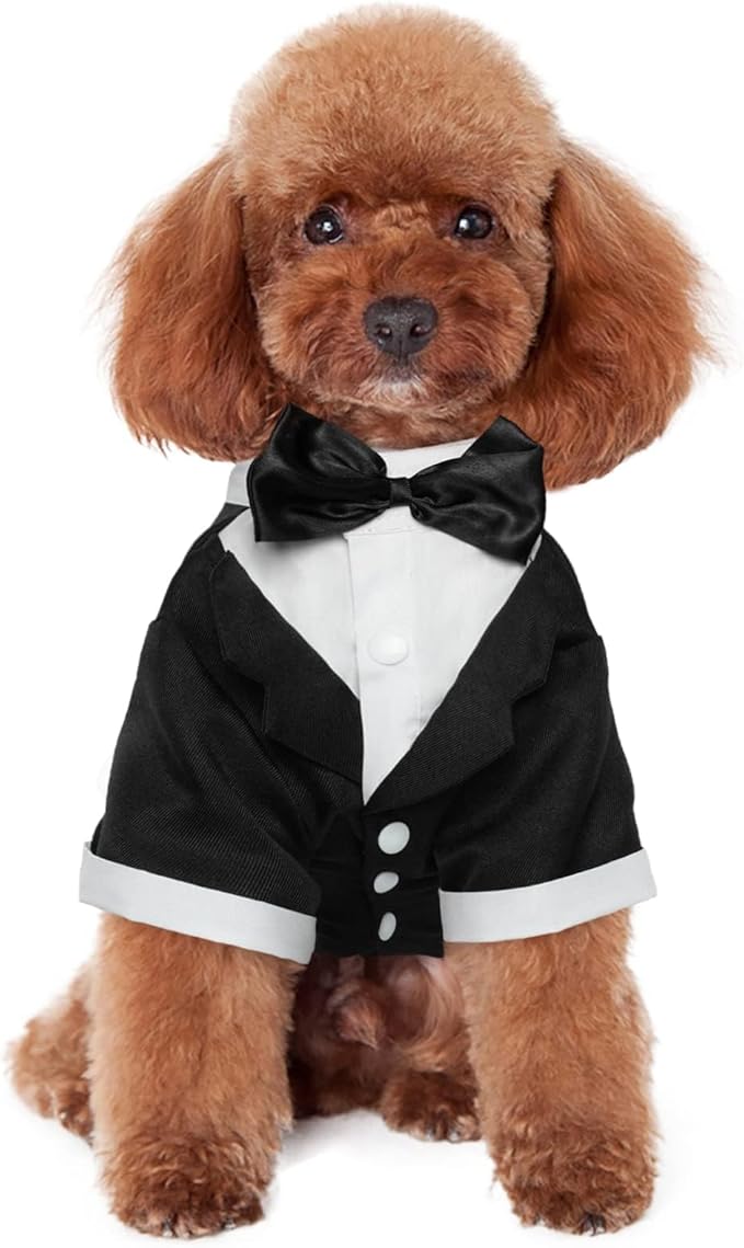 Kuoser Dog Tuxedo, Formal Dog Costume with Bow Tie Pet Wedding Suit Party Birthday Outfit, Dogs Tux Soft Shirt for Valentines Christmas Halloween Graduation Cosplay, Black 2XL