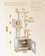 PETEPELA 56.7" Cat Tree with Litter Box Enclosure Large, Wood Cat Tower for Indoor Cats with Storage Cabinet and Cozy Cat Condo, Sisal Covered Scratching Post and Repalcable Dangling Balls, Beige