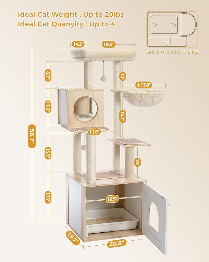 PETEPELA 56.7" Cat Tree with Litter Box Enclosure Large, Wood Cat Tower for Indoor Cats with Storage Cabinet and Cozy Cat Condo, Sisal Covered Scratching Post and Repalcable Dangling Balls, Beige