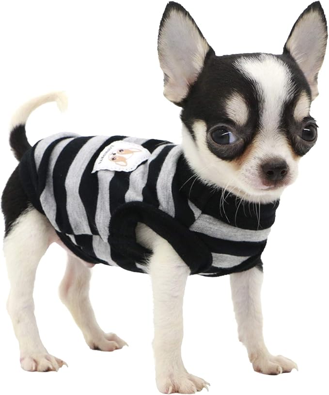 LOPHIPETS 100% Cotton Striped Dog Shirts for Small Dogs Chihuahua Puppy Clothes Tank Vest-Black and Gray Strips/XXS