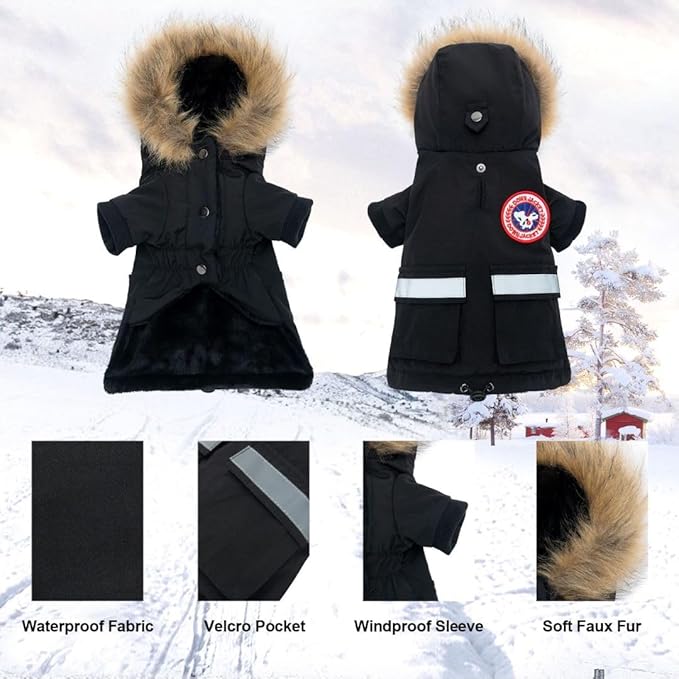 PINA Dog Coats for Small Dogs, Waterproof Dog Jacket, Dogs Winter Coat Jacket, Warm Cold Weather Coats, Windproof Reflective Hoodie with Pocket, Flannel Lining Snow Coat with Faux Fur Hood