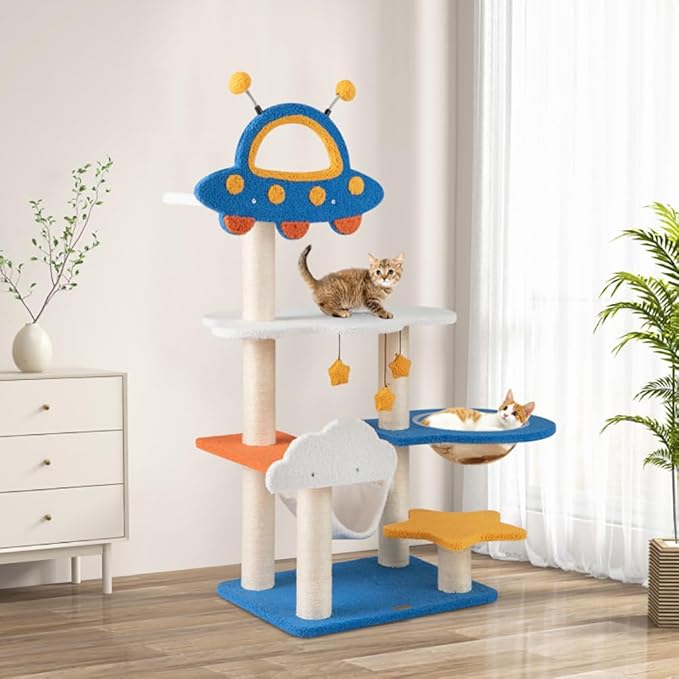 49" Space-Themed Cat Tree Tower – UFO Perch, Transparent Capsule, Hammock & Sisal Scratching Posts – 7-Level Modern Cat Condo for Indoor Cats