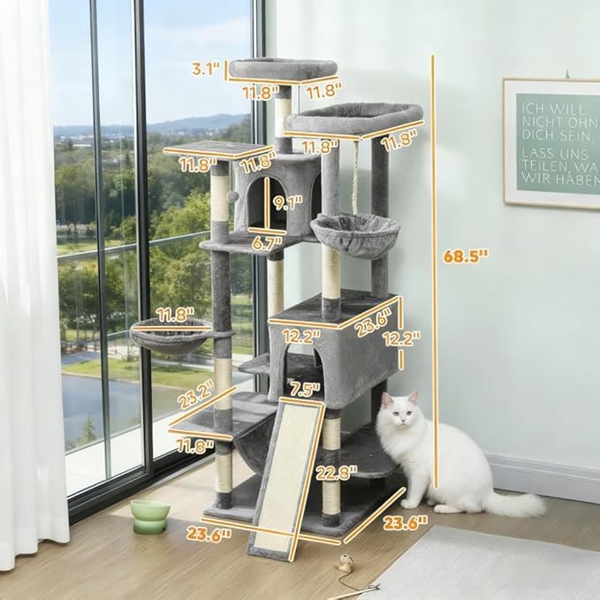 Premium Cat Tree Tower with Scratching Posts, Cozy Condos, and Hammock for Indoor Cats – Stylish Vertical Play Center (Dark Gray + Cotton + Particle Board)