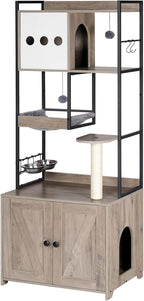 HOOBRO Cat Tree with Litter Box Enclosure, 58.7" H Cat Tower with Hidden Litter Box Furniture, with Scratching Post, Step, Hammock, Multifunctional Pet Furniture with Food Bowls, Greige BG30MZ03G1