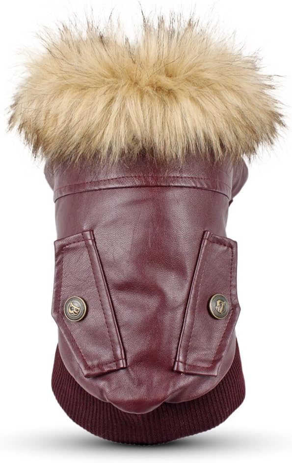 LESYPET Dog Leather Jacket for Small Dogs, Waterproof Dog Winter Jacket Puppy Coat with Fleece Lined, Ultra Warm Fur Collar Doggie Coat, Red L