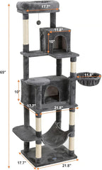 Multi-Level Cat Tree,69 Inches Tall Cat Tower with 2 Plush Condos,Hammock and Plush Perch, Scratching Posts and Pompoms,Gray Cat House for Indoor Cats