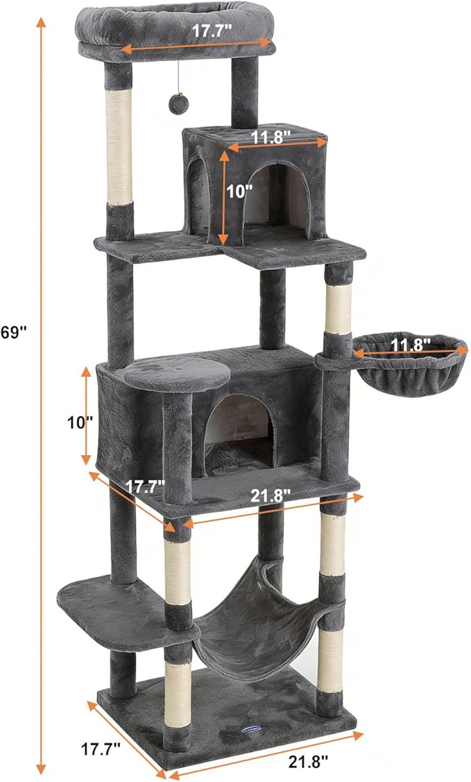 Multi-Level Cat Tree,69 Inches Tall Cat Tower with 2 Plush Condos,Hammock and Plush Perch, Scratching Posts and Pompoms,Gray Cat House for Indoor Cats