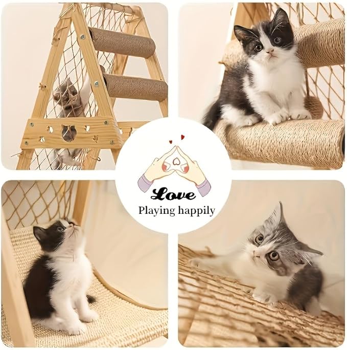 Modern Wooden Cat Tree Tower with Cozy House, Soft Hammock, Scratching Posts and Multi-Level Platforms for Cats to Climb, Rest, and Play