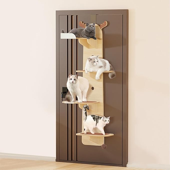 4-Tier Door Hanging Cat Tree, Wooden Door Mounted Vertical Cats Climbing Frame, 4.92ft Four-cat Bearing Cats Climbing Rack for Stair, Foyer, Living Room, Enclosed Balcony (with Cat Nest)