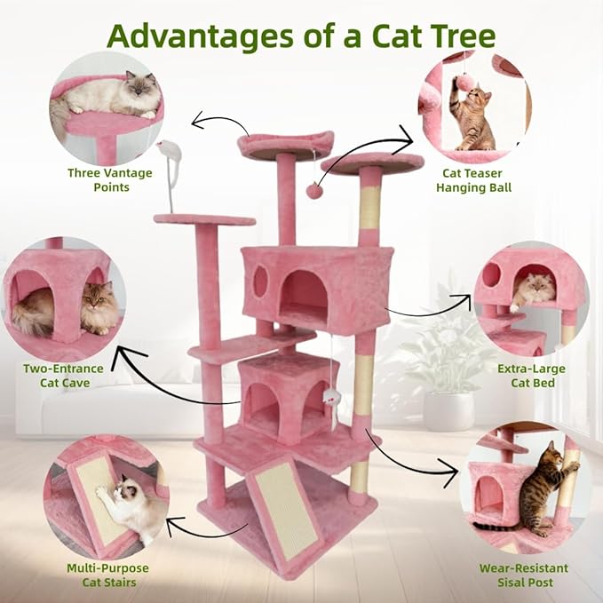 Cat Tree Tower for Indoor Cats,Cat House with Sisal Scratching Post,Multi-Level Cat Condo and 3 Large Platforms (Pink)