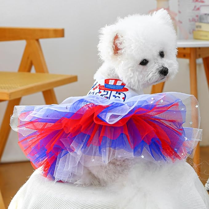 ANIAC 4th of July Girl Dog Dress with Stars Independence Puppy Clothes for Small Dog 1st Independent Day Cat Outfit Patriotic Pet Princess Tutu Skirt (Independence, Large)