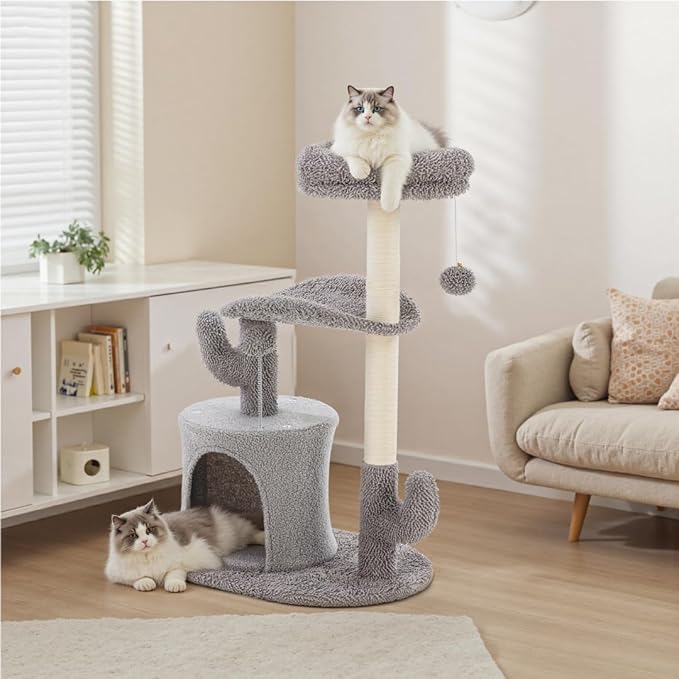 33-Inch Small Cat Tree Tower with Curved Bed, Plush Perch & Scratching Post, Cactus Style Cat Climbing Tree with Hanging Toys, Compact Cat Tree for Indoor Cats, Grey