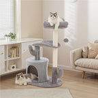33-Inch Small Cat Tree Tower with Curved Bed, Plush Perch & Scratching Post, Cactus Style Cat Climbing Tree with Hanging Toys, Compact Cat Tree for Indoor Cats, Grey
