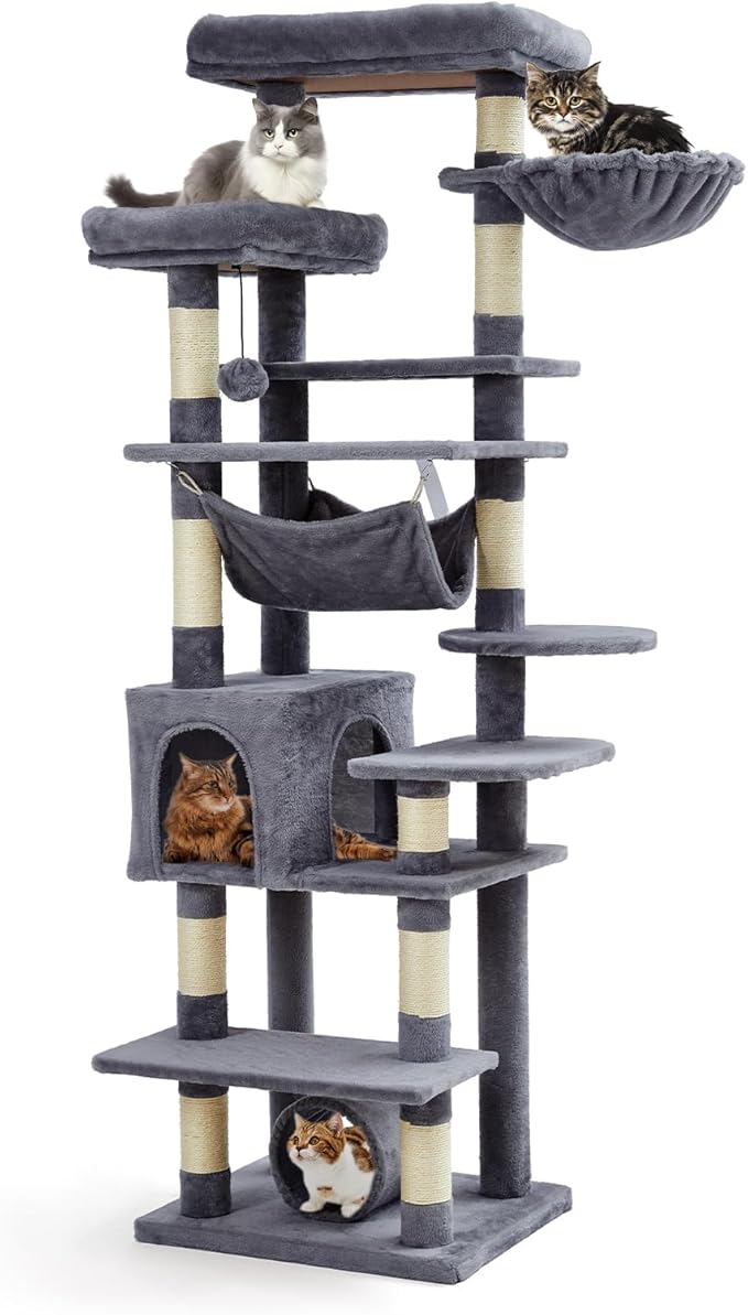 Cat Tree for Large Cats 67 Inches,Multi-Level Cat Tower with Scratching Posts, Condo, Perches, Hammock, Tunnel & Feeding Station,Dark Gray