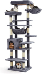 Cat Tree for Large Cats 67 Inches,Multi-Level Cat Tower with Scratching Posts, Condo, Perches, Hammock, Tunnel & Feeding Station,Dark Gray