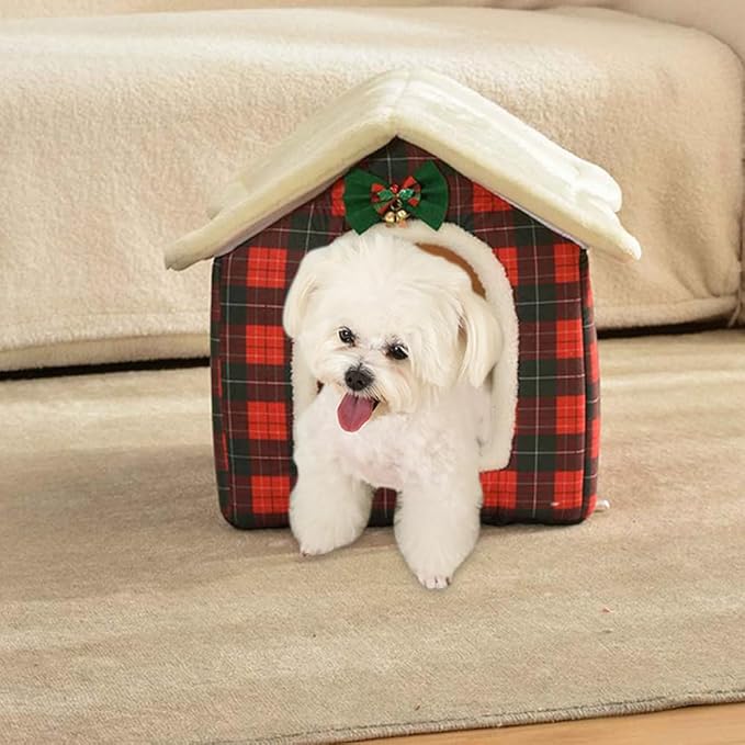 Christmas Cat Bed for Indoor Cats Plaid Xmas Cat Tent Cats Bed Cave for Pets Kittens and Dogs (Pink, M(18.1 X 14.6 X 15.7 Inch))