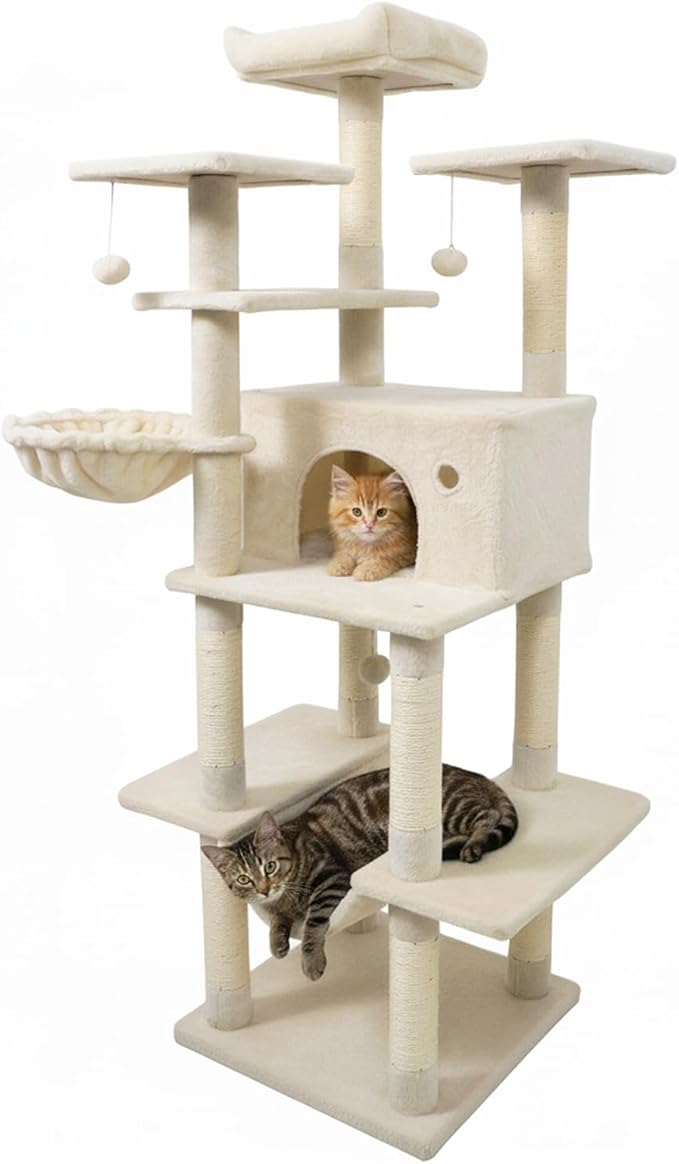 Tangkula Tall Cat Tree, 63 Inch Large Cat Tower with Sisal Scratching Posts, Plush Top Perch, Condo, Hammock, Basket Bed, Dangling Balls & Jumping Platforms for Indoor Cats Large Adult (Beige)