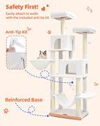 Taoqimiao Cat Tree, 66.2-Inch Cat Tower for Indoor Cats, Plush Multi-Level Cat Condo with 12 Scratching Posts, 2 Perches, 2 Caves, Hammock, 2 Pompoms, Cream White MS013C