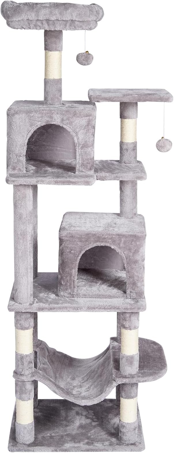 Happybuy Cat Tree for Indoor Cats, 63" Cat Tower with 2 Cat Condos, Sisal Scratching Post, Hammock, Top Perch, Jumping Platforms, Large Cat Furniture Activity Center with Hang Ball, Light Grey