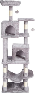 Happybuy Cat Tree for Indoor Cats, 63" Cat Tower with 2 Cat Condos, Sisal Scratching Post, Hammock, Top Perch, Jumping Platforms, Large Cat Furniture Activity Center with Hang Ball, Light Grey