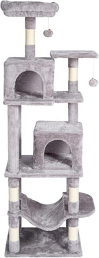 Happybuy Cat Tree for Indoor Cats, 63" Cat Tower with 2 Cat Condos, Sisal Scratching Post, Hammock, Top Perch, Jumping Platforms, Large Cat Furniture Activity Center with Hang Ball, Light Grey