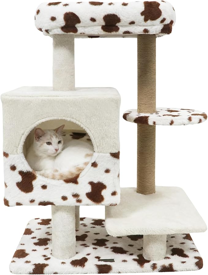 PETSITE 30-inch Small Cat Tree, Unique Cow Print Modern Cat Tree with Jute Scratching Posts, Comfy 2-Door Condo, Soft Upholstered Top Perch, Multiple Jumping Platforms, Ideal for Indoor Cats