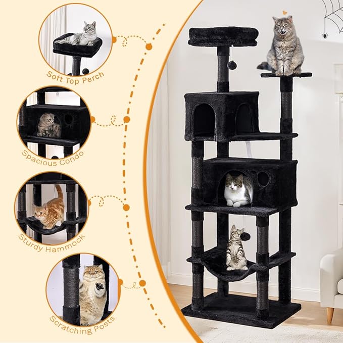 Heavy Duty Cat Tree,67in Multi-Layered Tall Cat Tower for Indoor Large Adult Cats,XL Compact Cat Stand with Hammock,Sisal Scratching Post,Removable Plush Perch,Condo,Dark Gray (Black)