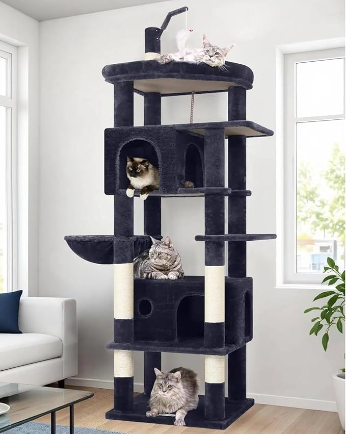 Globlazer Cat Tree for Indoor Cats Large Adult, 74in Tall Cat Tower with Scratching Post, Heavy Duty Cat Tree Tower with 2 Spacious Caves, Oversized Top Perch, Big Hanging Basket, F74B, Dark Grey