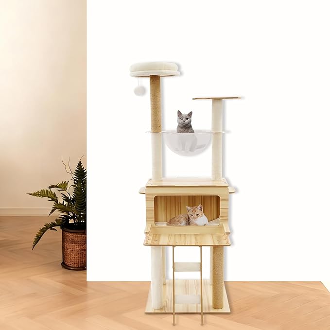 Cute Cat Tower 58 Inches, Multi-Level Cat Tree for Indoor Activity Cats, with Ladder Swing Ball Space Capsule, Cat Condo House for Cute Large Cats Kitten