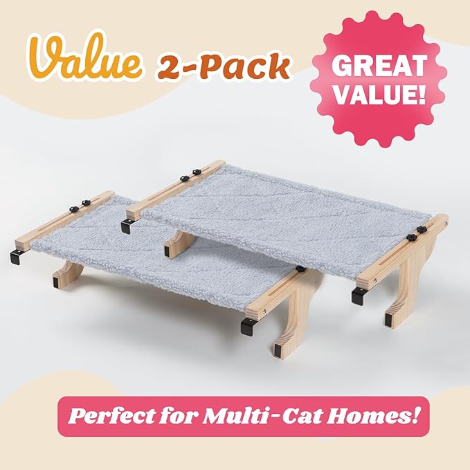 Zakkart 2PC Easy Seat Cat Perch for Window Sill - Hammock Design w/Pine Wood & Robust Metal Frame - Cat Window Seat for Large Cats and Kittens (Natural Color Wood w/Gray Bed, Large (26''W x 14''D)