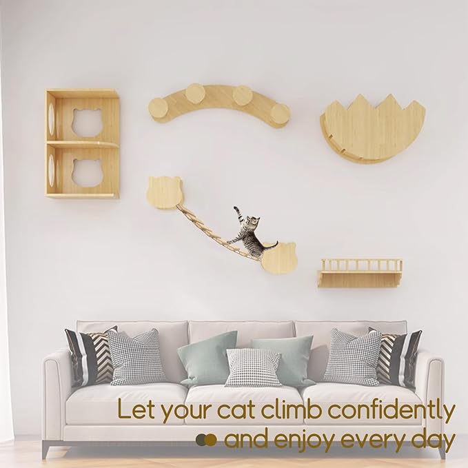 20in Multi-Functional Cat Ladder & Bridge - DIY Cat Climbing Frame with Sisal Rope for Indoor/Outdoor Cats, Parrots, and Small Pets (Wood, 20in)