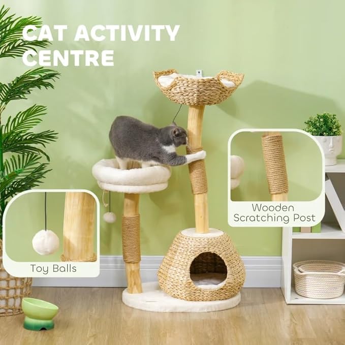 Cat Tree for Indoor Cats with Wooden Scratching Posts, Cat Condo, Washable Cat Beds & Toy Balls – Natural Cat Tower for Small Cats