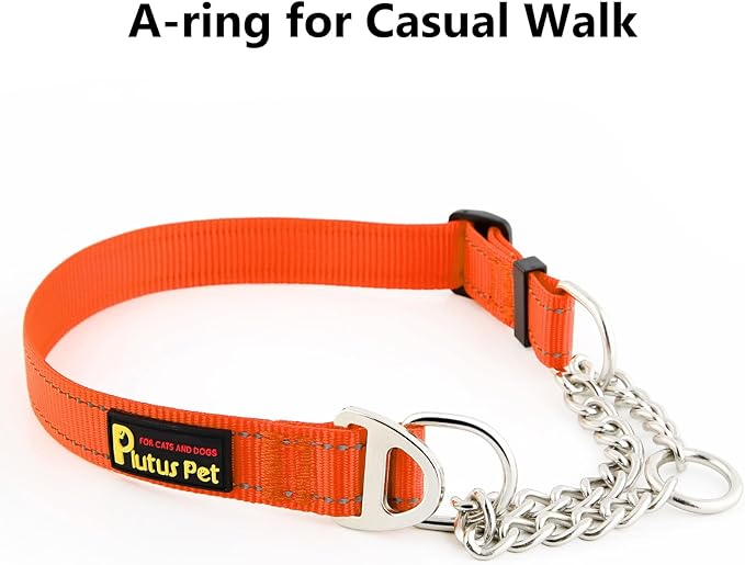 Plutus Pet Martingale Dog Collar with Stainless Steel Chain and Reflective Nylon, Adjustable No Pull Training Collar, for Small Medium, and Large Dogs, Orange, M