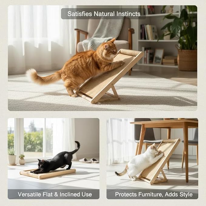 Cat Scratching Pad with 100% Sisal, Stable Triangle Design, 2-Step No-Tool Assembly, 22" Wooden Ramp to Protect Furniture & Sofa, Natural Incline Board for Indoor Cats (Beige)