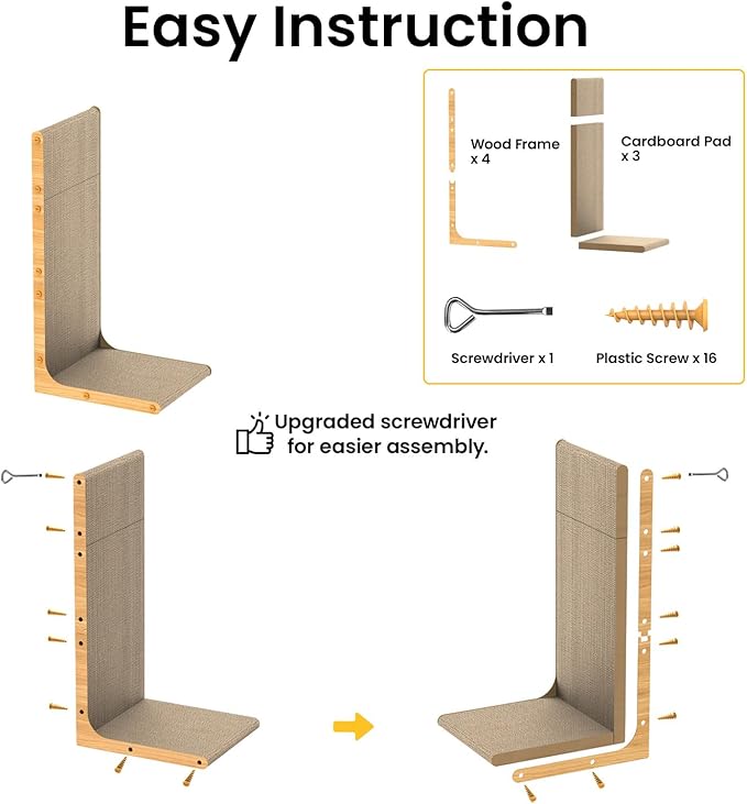 Cardboard Cat Scratcher, 23" L-Shaped Scratch Pad, Vertical Wall-Leaning Scratching Board to Protect Furniture for Indoor Cats,Wood Grain Large,2-Pack