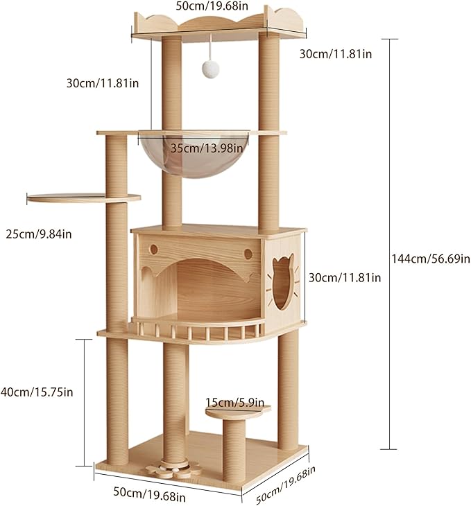 KVIDA Solid Pine Wood Cat Tree for Indoor Cats, 56.7” Tall Modern Cat Tower with Clear Acrylic Hammock & Condo House, Heavy Duty Wooden Cat Tree for Large Cats with Sisal Scratching Posts