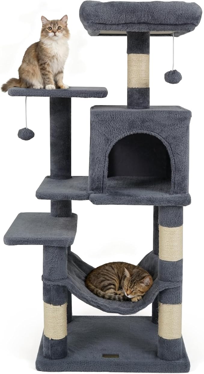 DORTALA Cat Tree for Indoor Cats, 44" Modern Cat Tower with Top Perch, Condo, Hammock, Sisal Scratching Posts, Dangling Balls, Platforms, Multi-Level Pet Climbing Furniture Playground (Grey)