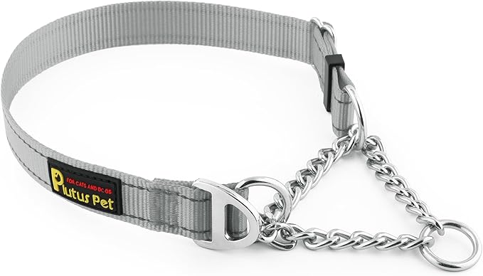 Plutus Pet Martingale Dog Collar with Stainless Steel Chain and Reflective Nylon, Adjustable No Pull Training Collar, for Small Medium, and Large Dogs, Gray, L