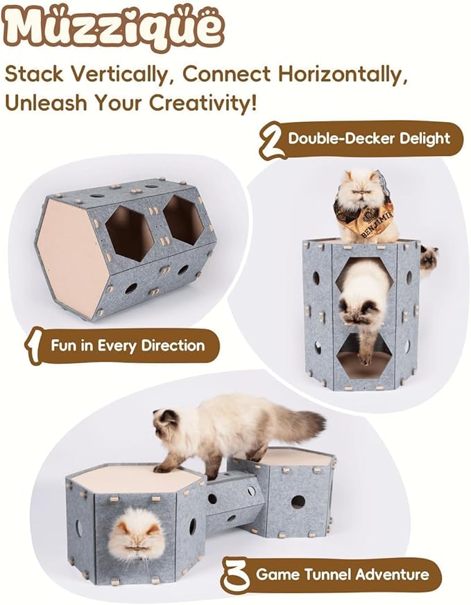 Large Cat Tunnel House Bed for Indoor Cats, w/Hair Brush, DIY Expandable Modular Felt Pet Castle, Clawsable Multi Layer Kitten Scratcher Nest, Peekaboo Small Dogs Puppy Cave, 3 Perch Kitty Furniture