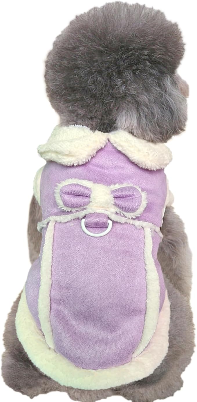 Jecikelon Bowtie Dog Cold Weather Coat Fleece Lining Warm Pet Puppy Turtleneck Dogs Winter Clothes for Small Dogs with D-Ring (Purple, Large)