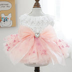 Pink Dog Dress for Small Dog Girl Spring Puppy Clothes with Bow Puff Sleeves Cat Outfit Doggy Princess with Leash Ring Doggies Harness Dress Summer Pet Apparel (Pink White, X-Small)