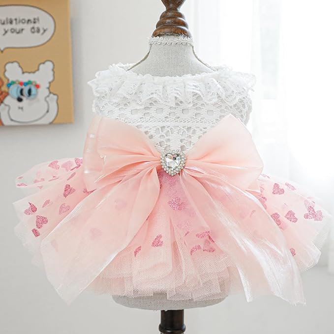 Pink Dog Dress for Small Dog Girl Spring Puppy Clothes with Bow Puff Sleeves Cat Outfit Doggy Princess with Leash Ring Doggies Harness Dress Summer Pet Apparel (Pink White, X-Large)