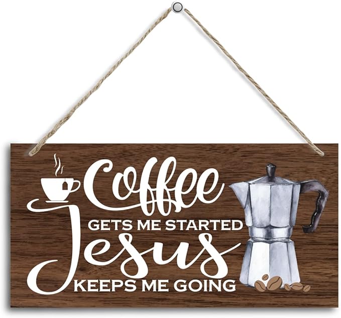 K1 Hanging Wooden Plaque Decor - Jesus Keeps Me Going, Coffee Bar Sign, Rustic Farmhouse Kitchen Wall Decor, 12x6 inch