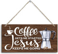 K1 Hanging Wooden Plaque Decor - Jesus Keeps Me Going, Coffee Bar Sign, Rustic Farmhouse Kitchen Wall Decor, 12x6 inch