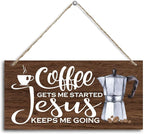 K1 Hanging Wooden Plaque Decor - Jesus Keeps Me Going, Coffee Bar Sign, Rustic Farmhouse Kitchen Wall Decor, 12x6 inch