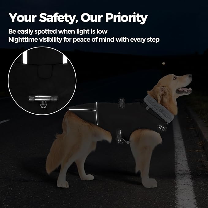 Mihachi Dog Coat for Large Dogs, Warm Dog Winter Coat Waterproof Dogs Jacket with Harness Built in Reflective Pet Fleece Vest, Puppy Cold Weather Coats Turtleneck & Windproof Pet Snowsuit, Black L